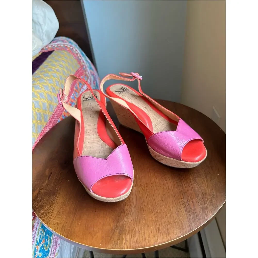 Sofft Ordelia Leather Cork Wedge Sandals Peep Toe Pink Orange Size 8M